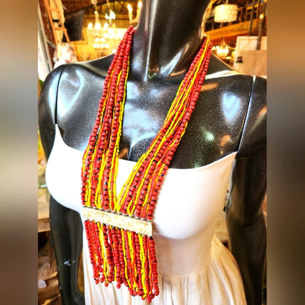 Yellow, Red and Black Beaded Necklace with Camel Bone Accent. Reversable š - Picture 1 of 8